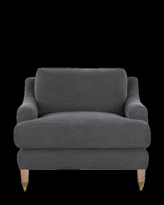 Slate gray upholstered lounge chair with turned wood legs