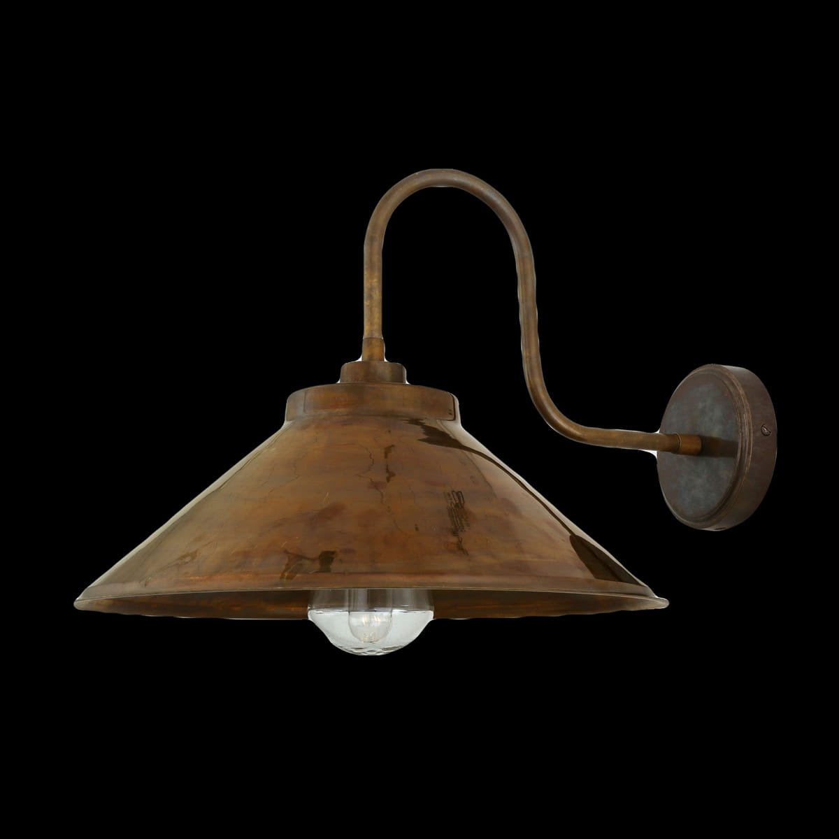 Aged brass gooseneck barn sconce with a wide shade
